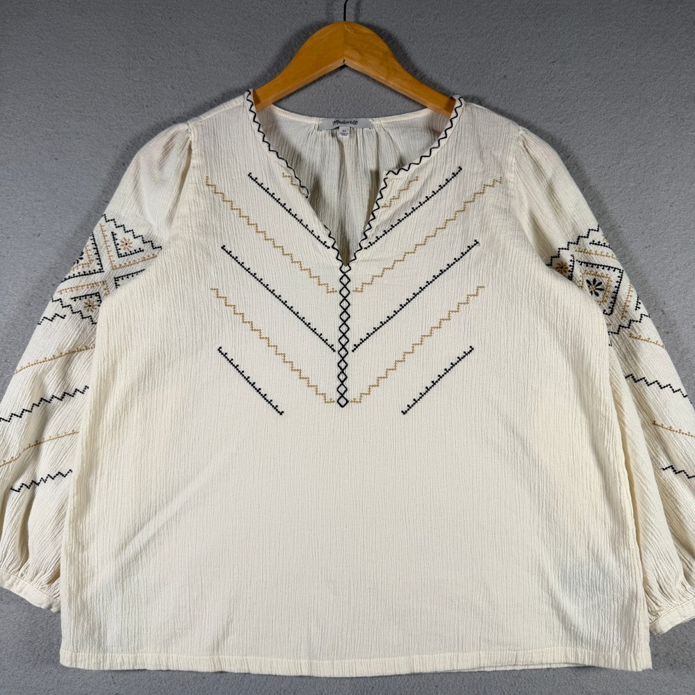 Madewell‎ MD132 Cream Embroidered Cotton Crinkle Gauze Peasant Blouse XS SP21